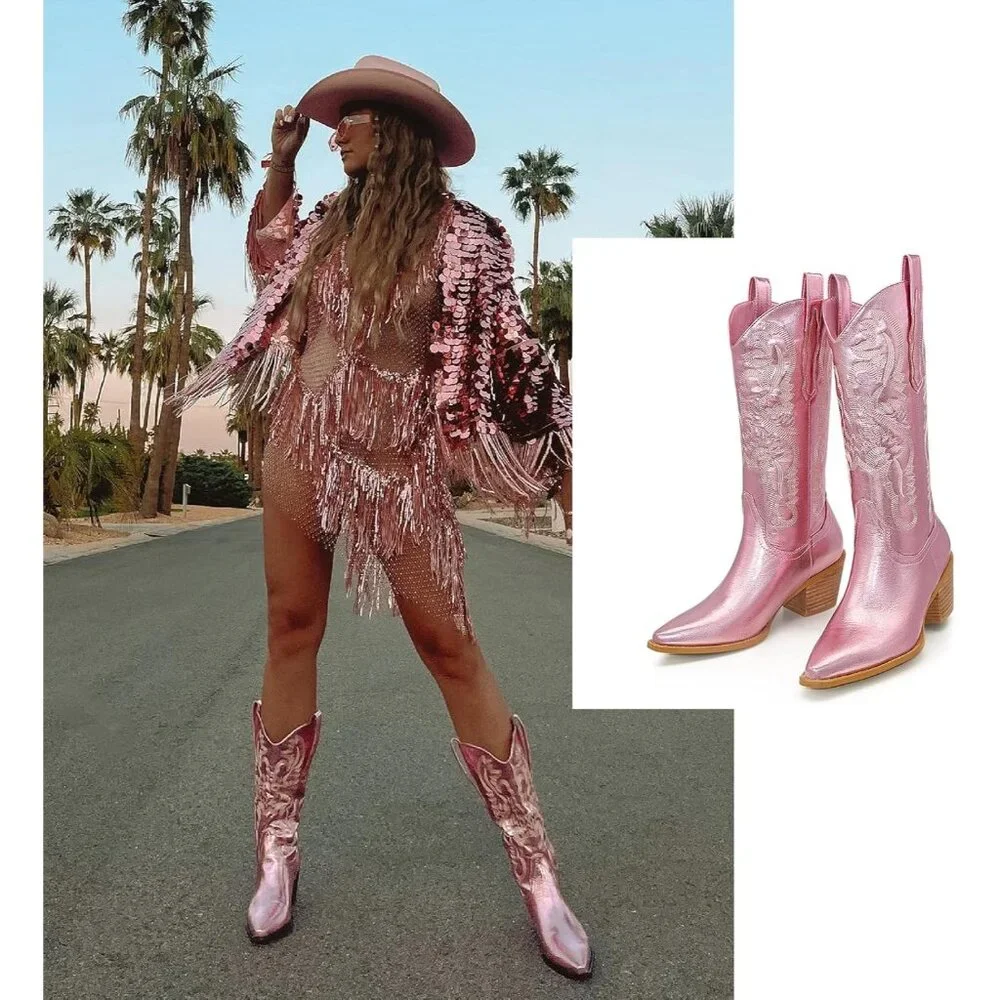 ✨ Women's Pink Cowgirl Boots Embroidered Cowboy Chunky Block Heel Western Boots